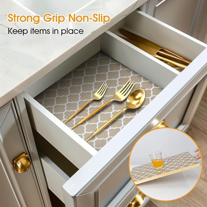Shelf and Drawer Liner for Kitchen Cabinets Non-Adhesive, Strong Grip Non-Slip Thickened Cabinet Liners for Shelves, Waterproof Mats for Dresser Cupboard, Beige, 17 in x 20 Feet