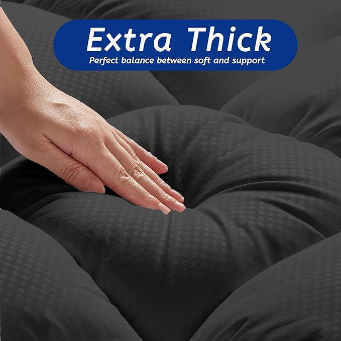 California King Mattress Topper for Back Pain, Cooling Extra Thick Mattress Pad Cover with 8-21 inch Deep Pocket, Plush Pillow Top Mattress Topper Overfilled with Down Alternative,Cal King,Black