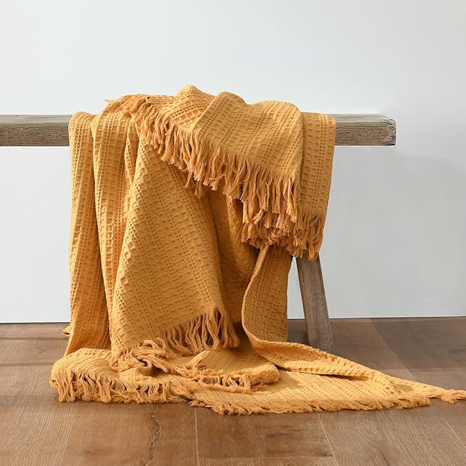 100% Cotton Waffle Blanket with Fringe, Pre-Washed Waffle Weave Blanket for All Season, Lightweight Breathable Soft Cozy Throw Blanket for Couch, Bed, Travel (Mustand Yellow - 50x60 Inches)