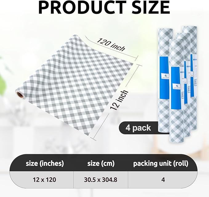 RAY STAR 12X120 Inch Shelf Liner for Kitchen Cabinets, Non-Adhesive Cabinet Liner Washable, PVC Drawer Liner for Dresser Non-Slip Bathroom (Plaid)(4 Roll)