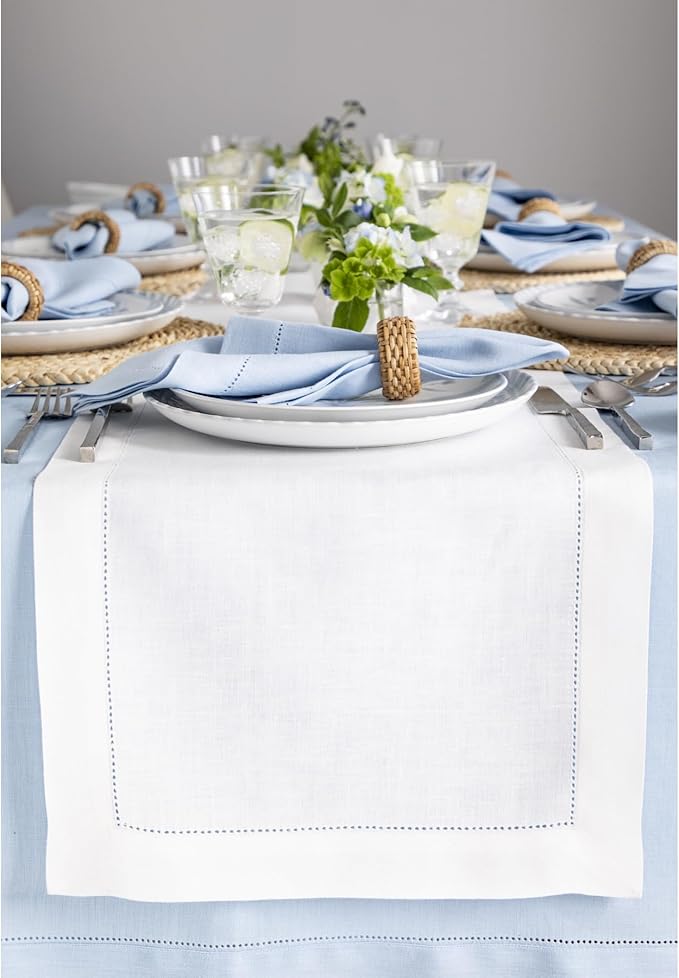 Solino Home Linen White Table Runner 120 Inches Long - 100% Pure Linen Hemstitch 14 x 120 Inch Table Runner for Dining, Holiday, Christmas, New Year - Classic Hemstitch