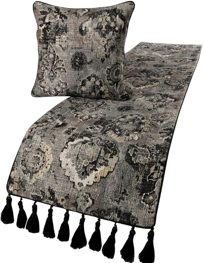 The HomeCentric Luxury Black & Grey Queen 74 x 18 inch Bed Runner with Pillow Cover, Velvet Damask with Tassels Bed Scarf, Abstract Modern - Paved Damask