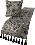 The HomeCentric Decorative Black & Grey CA King 86 x 18 inch Bed Runner with Matching Pillow Cover, Velvet Damask with Tassels Bed Scarf, Abstract Modern - Paved Damask