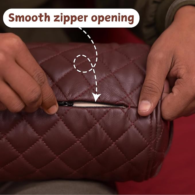 Neck Roll Pillow Cushion Cover, 20x5 Inch Full Moon Round Bolster Pillow Case, Cylinder Soft Lambskin Leather Pillowcase for Head, Spine & Neck Support During Sleep - Quilted Dark Brown Pack of 2