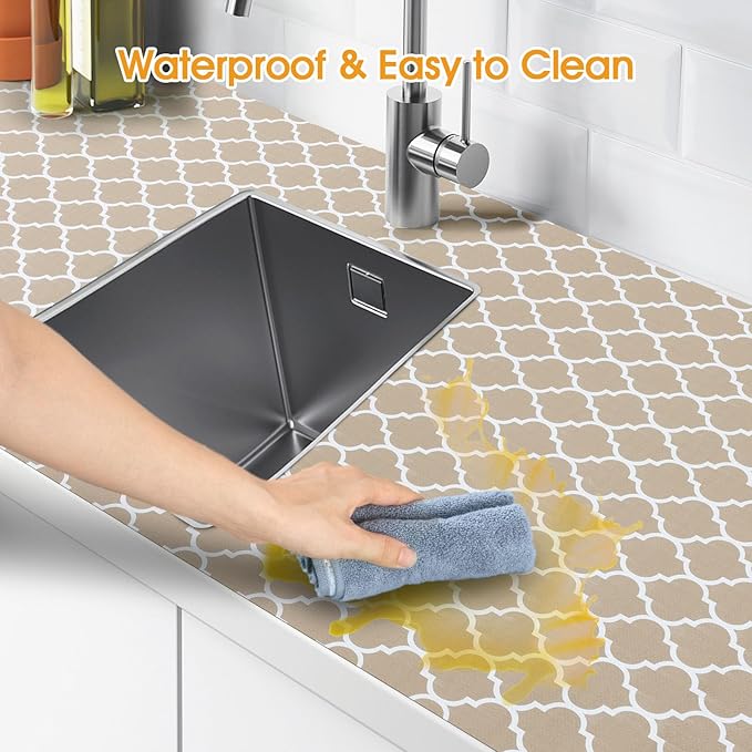 Shelf and Drawer Liner for Kitchen Cabinets Non-Adhesive, Strong Grip Non-Slip Thickened Cabinet Liners for Shelves, Waterproof Mats for Dresser Cupboard, Beige, 17 in x 20 Feet