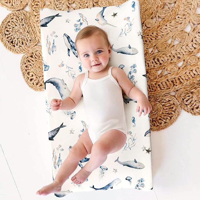 GRSSDER Stretch Ultra Soft Jersey Knit Changing Pad Cover Set 2 Pack, Change Table Pad Covers Fit 32"/34" x 16" Pads Safe and Snug, Sea Fish Print for Girls and Boys