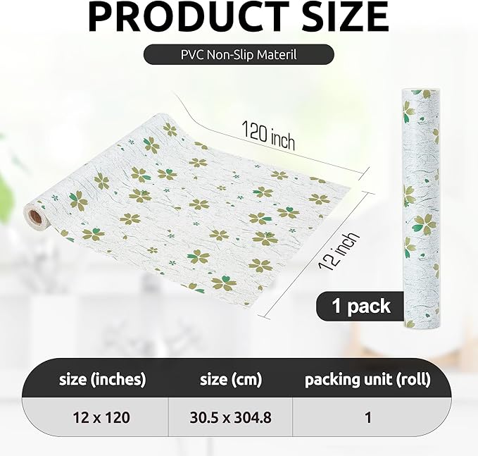 RAY STAR 12X120 Inch Shelf Liner for Kitchen Cabinets, Non-Adhesive Cabinet Liner Washable, PVC Drawer Liner for Dresser Non-Slip Bathroom (Green-Floral)(1 Roll)