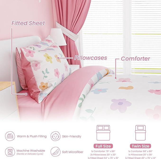 SANDJEST Floral Comforter Set Full Size 98x86in for Kids Girls, Microfiber 4 Pieces Bedding Set Includes 1 Comforter, 2 Pillowcases, 1 Fitted Sheet, Nursery Room Decor