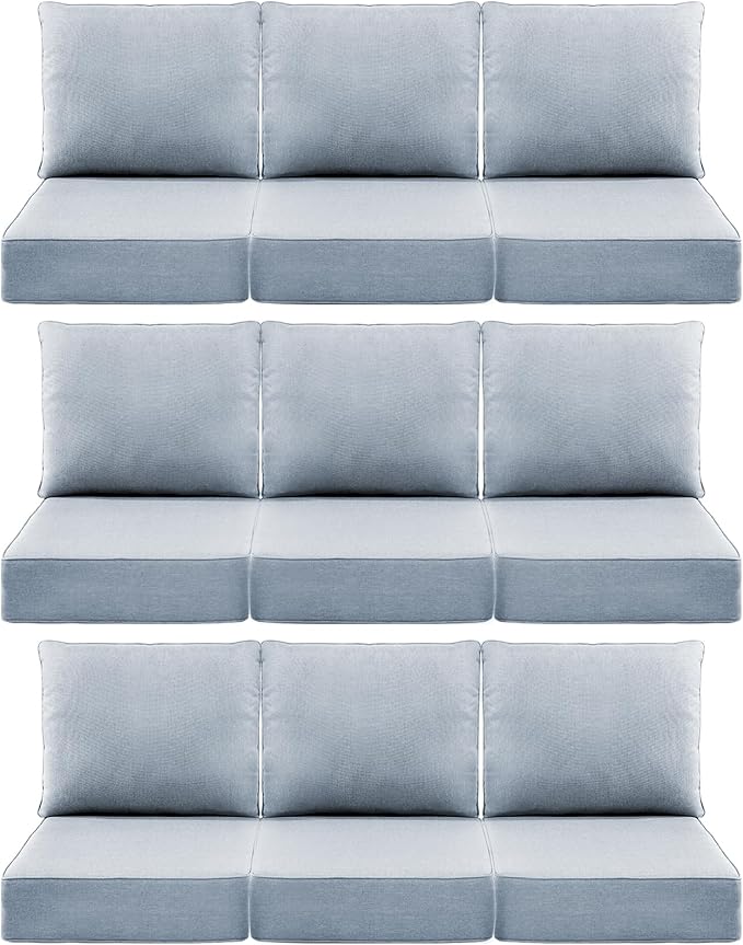 Luxury 6" Outdoor Cushions for Patio Furniture, 24x24x6" Thick Seat Cushion Set of 9, Fade Resistant Couch Chair Replacement Cushions High Density Wicker Chair Cushion w/ Removable Cover Baby Blue
