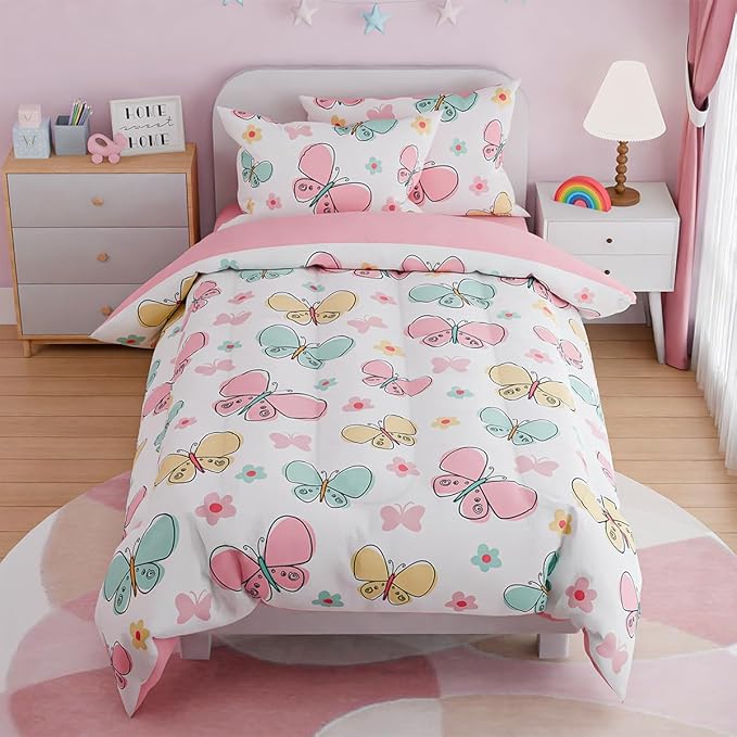 SANDJEST Butterfly Twin Bedding Sets for Girls, Ultra Soft Microfiber Comforter Set with 3-Pieces, Bed Sets for Kid Tween Teen Bedroom Decor