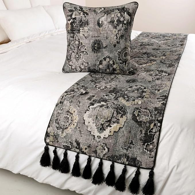 The HomeCentric Decorative Black & Grey Twin 53 x 18 inch Bed Runner Without Pillow Cover, Velvet Damask with Tassels Bed Scarf, Abstract Modern - Paved Damask