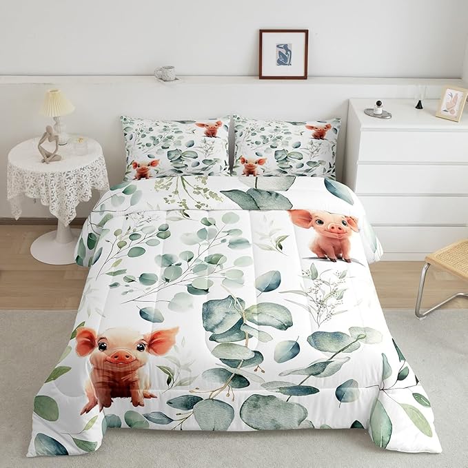 Erosebridal Kawaii Pig Toddler Size Comforter Set for Boys Girls Cartoon Animal Bedding Set, Eucalyptus Leaves Down Comforter Farm Wildlife Bed Set, Tropical Botanical Plants Quilted Duvet