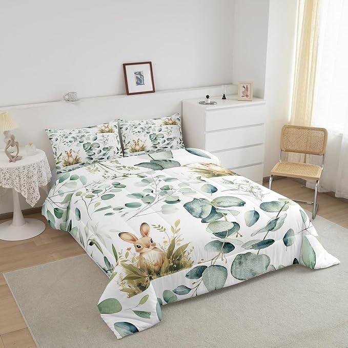 Erosebridal Girls Kawaii Animal Twin Comforter Set Cute Rabbit Bedding Set Twin, Cartoon Wildlife Bedding Comforter Sets Green Leaf Duvet Set, Spring Plant Quilted Comforter Child Kids Bedroom Decor