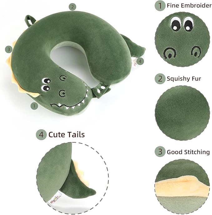 Niuniu Daddy Crocodile Kids Neck Pillow for Traveling, 100% Memory Foam Travel Pillow, Airplane Travel, Road Trip Essentials for Children Neck Support, Stop Head from Falling Forward to Sleep