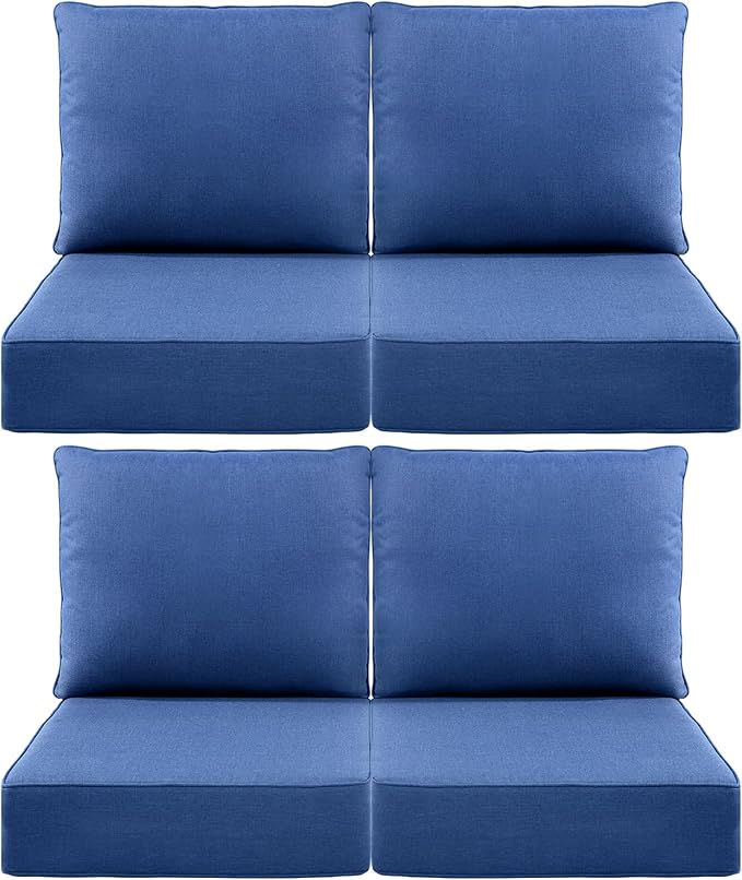 Luxury 6" Outdoor Cushions for Patio Furniture, 24x24x6" Thick Seat Cushion Set of 4, Fade Resistant Couch Chair Replacement Cushions High Density Deep Wicker Chair Cushion w/ Removable Cover, Blue