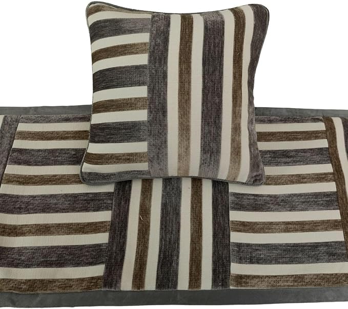 The HomeCentric King/Queen/Twin Beige & Grey Designer King 90"x18" Bed Runner with Pillow Cover, Patchwork Bed Scarf on Velvet Fabric - Striation
