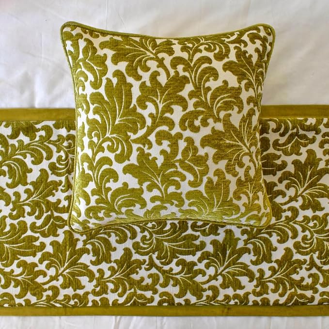 The HomeCentric King/Queen/Twin Chartreuse Decorative CA King 86"x18" Bed Runner with 2 Pillow Cover, Velvet, Floral Pattern Bed Scarf on Velvet Fabric - Enchanted Chartreuse