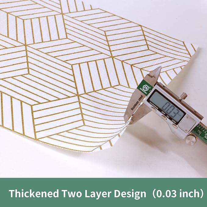 Shelf Liners for Kitchen Cabinets 17.3in x 49.21FT, Non Adhesive Cabinet Liner Strong Non-Slip Thickened Gold Geometric Drawer Liner, Easy to Clean for Shelf, Cabinet with Knife and Tape Measure