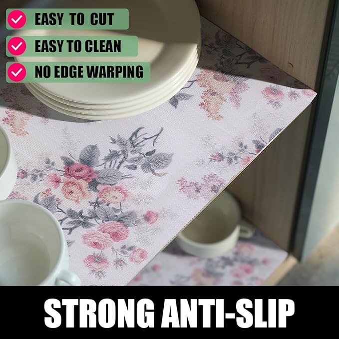 Drawer and Shelf Liner for Cabinets, Non-Adhesive and Strong Non-Slip Vintage Floral Shelf Cabinet Drawer Liners for Kitchen,Table,Bookshelves,Waterproof Cupboard Liners,12IN x 10FT