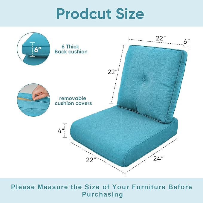 Patio Chair Cushions 4 Packs - Outside High Back Thick Water-Resistant Cushion 22x24 with Zipper Cover for Outdoor Glider Rocking Chairs Loveseat Couch – Teal/Buckle