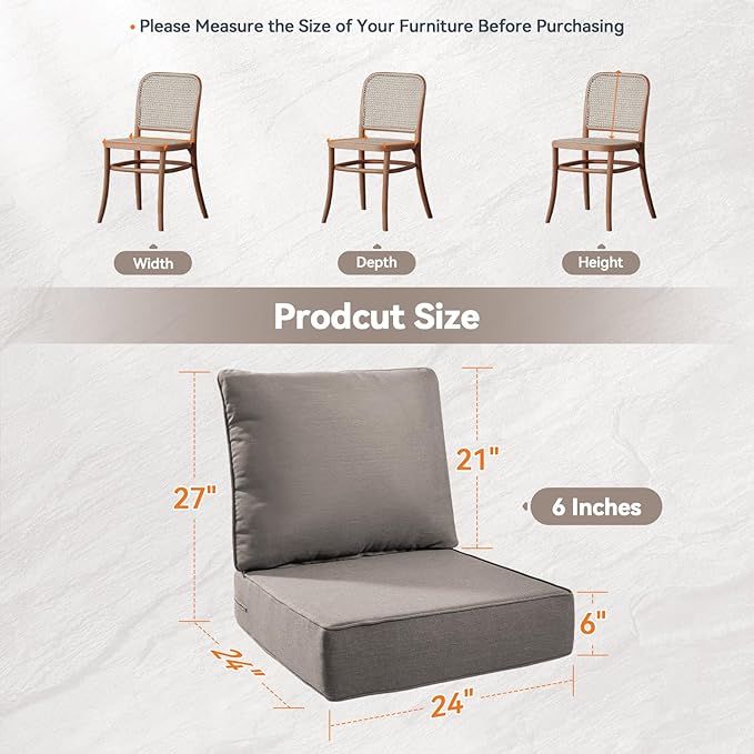Luxury 6" Outdoor Cushions for Patio Furniture, 24x24x6" Thick Seat Cushion Set of 7, Fade Resistant Couch Chair Replacement Cushions High Density Deep Wicker Chair Cushion w/ Removable Cover Gray
