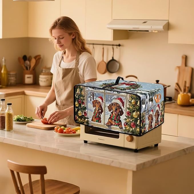 Convection Oven Dust Cover with Storage Pockets, Protective Smart Oven Cover for Kitchen Countertop for Christmas Holiday Party, M, 16.5 x 20.5 x 10 Inches, Dachshund Dog Christmas Tree