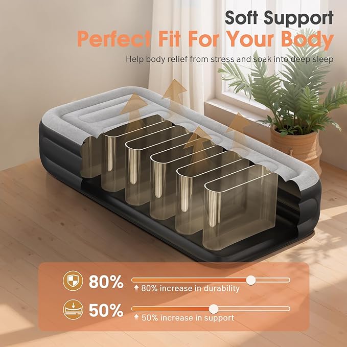 Twin Air Mattress with Built in Pump,18''Inflatable Mattress 2 Mins Self-Inflation/Deflation,XL-Long Blow up Mattress Thicker,Flocked Top Air Bed with Storage Bag for Home, Camping & Guests