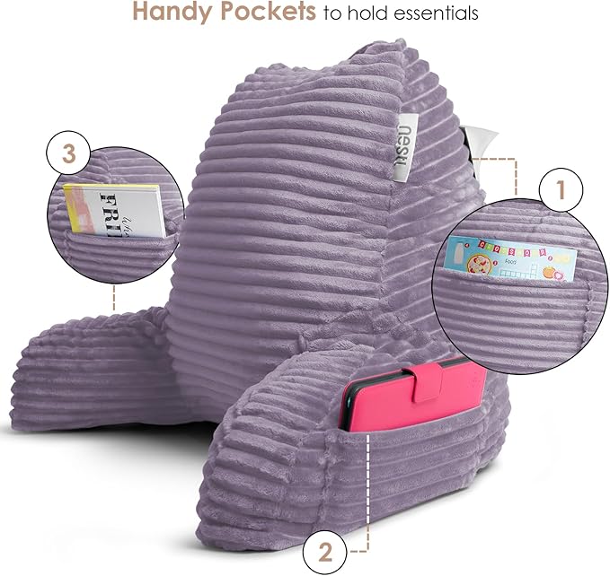 Nestl Reading Pillow with Shredded Memory Foam, Luxe Cut Plush Back Pillow for Sitting Up in Bed, Back and Arms Adjustable Support for Adult & Teens, Backrest Pillows with Washable Cover Dusty Purple