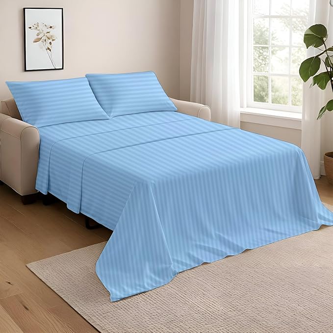 NON Sticky cotton Queen Size Sleeper Sofa Sheets, 4 Piece Egyptian Cotton Bed Sheet Set for Sofa Bed, 10" Deep Pocket for Pull Out Couch Mattress, 60" x 75", Light Blue Stripe, Soft & Breathable