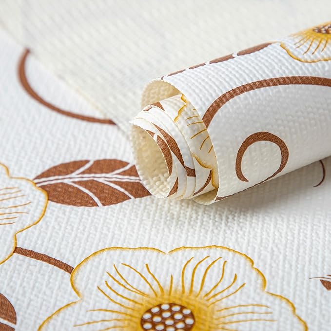 RAY STAR 12X120 Inch Shelf Liner for Kitchen Cabinets, Non-Adhesive Cabinet Liner Washable, PVC Drawer Liner for Dresser Non-Slip Bathroom (Yellow Flower)(5 Roll)