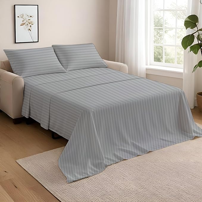 NON Sticky cotton Full Size Sleeper Sofa Sheets, 4 Piece Egyptian Cotton Bed Sheet Set for Sofa Bed, 7" Deep Pocket for Pull Out Couch Mattress, 54" x 75", Light Grey Stripe, Soft & Breathable