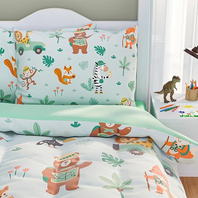 SANDJEST Jungle Animal Comforter Set Twin Size 68x86in for Kids Boys, Microfiber 3 Pcs Bedding Set Includes 1 Comforter, 1 Pillowcase, 1 Fitted Sheet, Nursery Room Decor