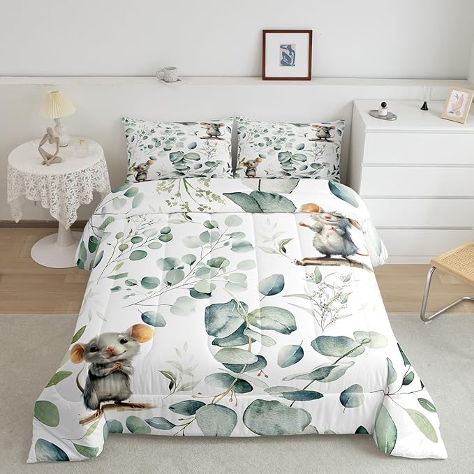 Erosebridal Kids Cute Animal Bedding King Size for Girls Boys Cartoon Mouse Comforter Set King, Spring Eucalyptus Duvet Insert Watercolor Leaves Quilt Set, Kawaii Animal Mice Bedding Comforters & Sets