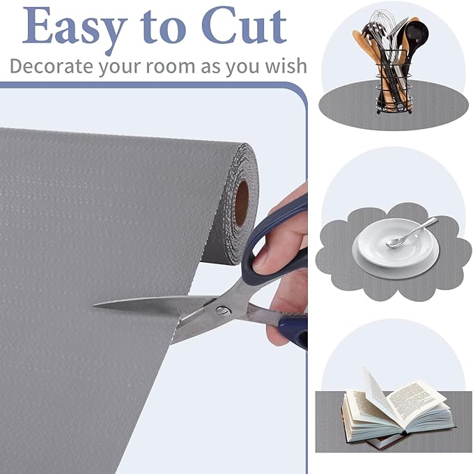 Drawer and Shelf Liner for Kitchen Cabinet: 12 in X 30 Ft Non Slip Waterproof Shelf Paper Non Adhesive Refrigerator Liners Gray Easy Liners for Bathroom Cupboard with Knife Tape Measure