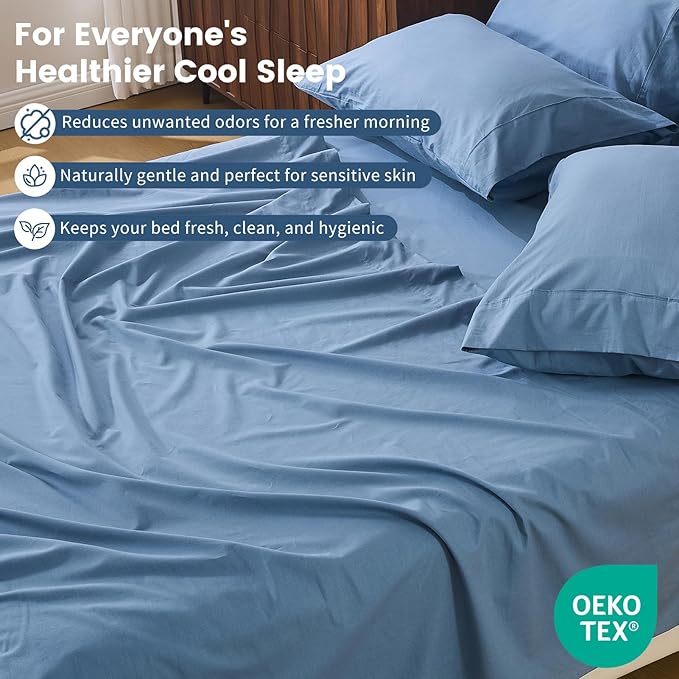 100% Linen Sheet Set Cal King Size Extra Deep Pocket Fits 18-24 Inch Mattress, Breathable & Soft, Smooth 4-Piece Set for Thick Mattresses Hotel Luxury Bedding（Cal King, Dusty Blue）