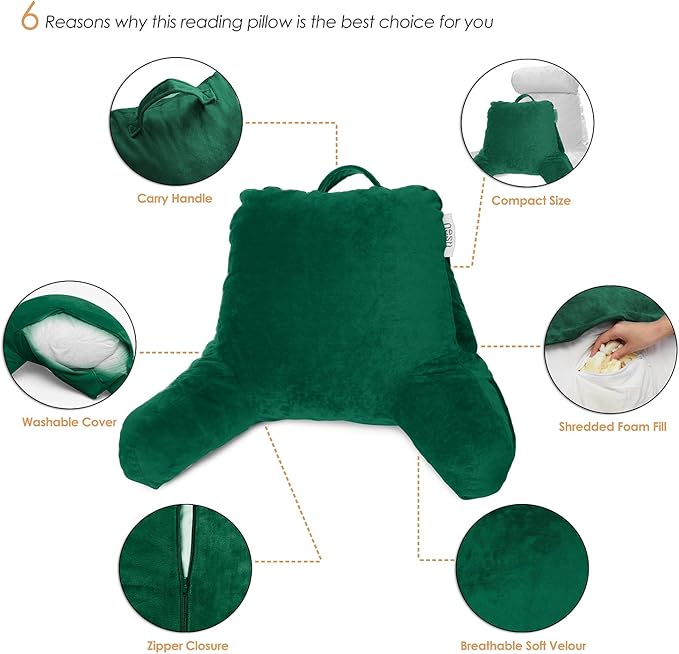 Nestl Reading Pillow for Kids & Teens with Shredded Memory Foam, Backrest Pillows for Reading, Watching, and Gaming, Use on The Couch, Bed, or Floor, Adjustable Support with Washable Cover Dark Green