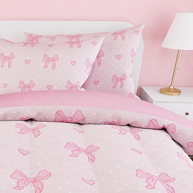 SANDJEST Bow Comforter Set Full Size 98x86in for Kids Girls, Microfiber 4 Pcs Bedding Set Includes 1 Comforter, 2 Pillowcases, 1 Fitted Sheet, Nursery Room Decor