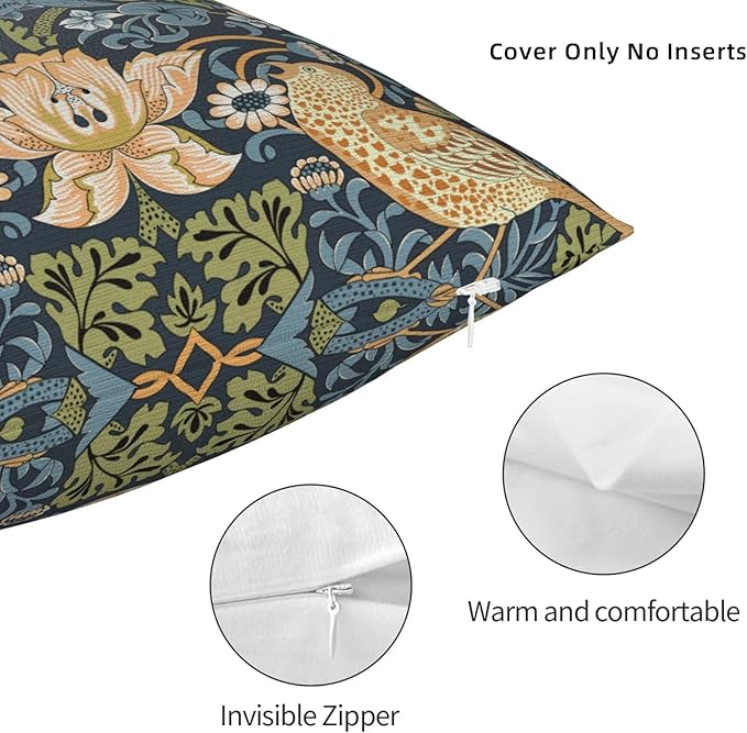 William Morris Vintage Floral Bird Strawberry Thief 20x20 inches Pillow Cover, Outdoor Farmhouse Pillow Cover Home Decor for Couch Sofa