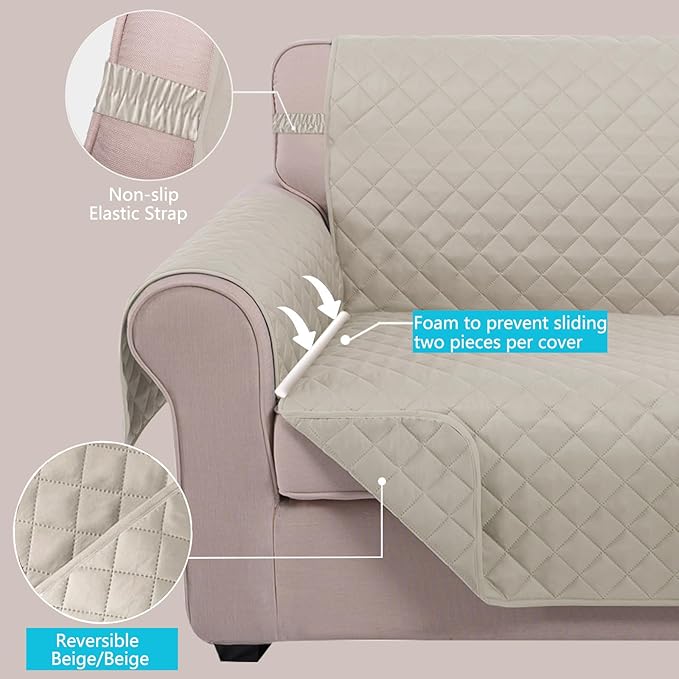 U-NICE HOME Recliner Chair Covers Reversible Chair Cover Pet Covers for Dogs with Elastic Straps Water Resistant Diamond Quilted (28''Recliner Oversized, Beige/Beige)