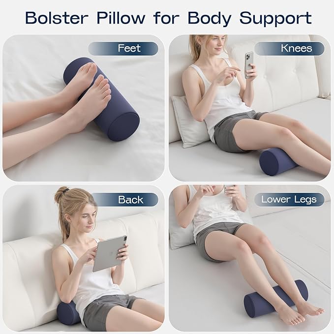 Neck Roll Pillow for Neck Pain Relief - Memory Foam Neck Support Pillow for Bed | Round Neck Pillow for Sleeping, 15.7 * 6 * 6inch ((Navy-Blue)