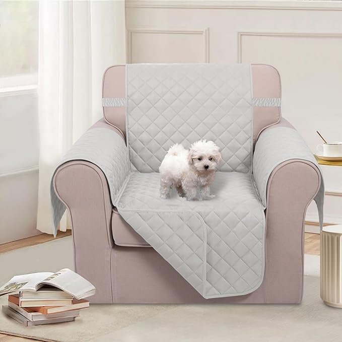 U-NICE HOME Recliner Chair Covers Reversible Chair Cover Pet Covers for Dogs with Elastic Straps Water Resistant Diamond Quilted (23''Recliner Small, Light Grey/Light Grey)