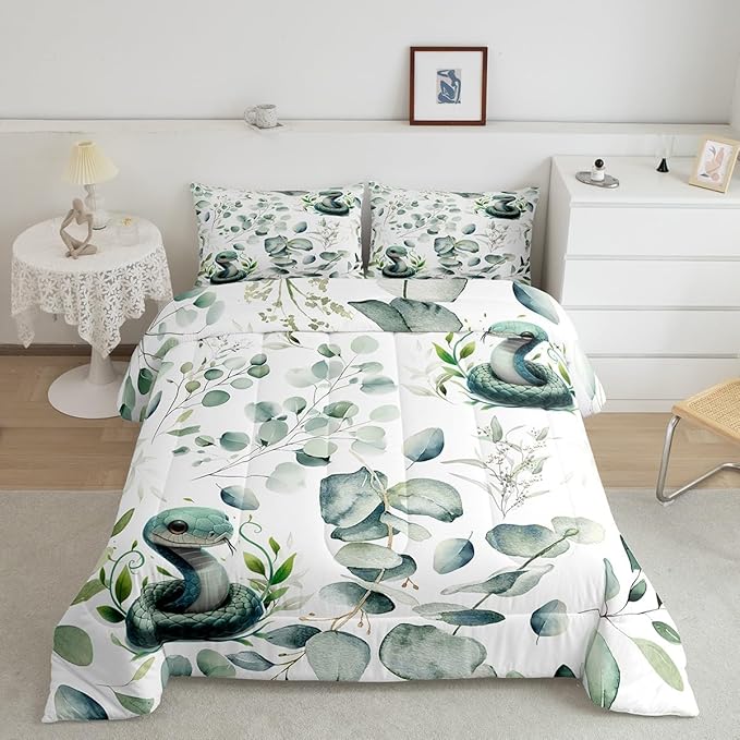 Erosebridal Cute Snake Bedding Queen Size for Kids Child Green Eucalyptus Comforter Set Queen, Wild Animal Duvet Insert Botanical Plant Leaves Quilt Set, Cartoon Wildlife Bedding Comforters & Sets
