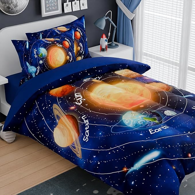 SANDJEST Solar System Comforter Set Full, Ultra Soft Microfiber Bedding Sets with 4-Pieces, Comforters Bed Sets for Kids Children Boy Bedroom Decor