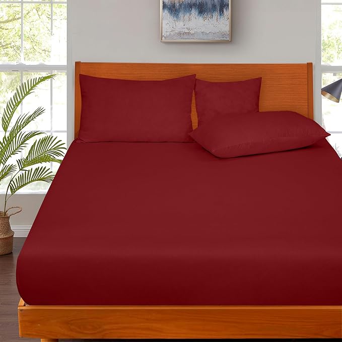 ROYALE LINENS 300 Thread Count 100% Long Staple Combed Cotton Fitted Sheet Twin XL - Super Soft Deep Pocket Bottom Sheet - Fitted Sheets Only - Elastic Sheets (Twin XL, Red)