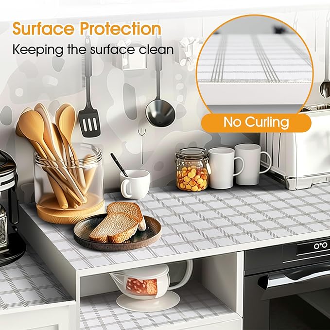 Shelf and Drawer Liner for Kitchen Cabinets Non-Adhesive, Strong Grip Non-Slip Thickened Cabinet Liners for Shelves, Waterproof Mats for Dresser Cupboard, White Square, 17 in x 10 Feet