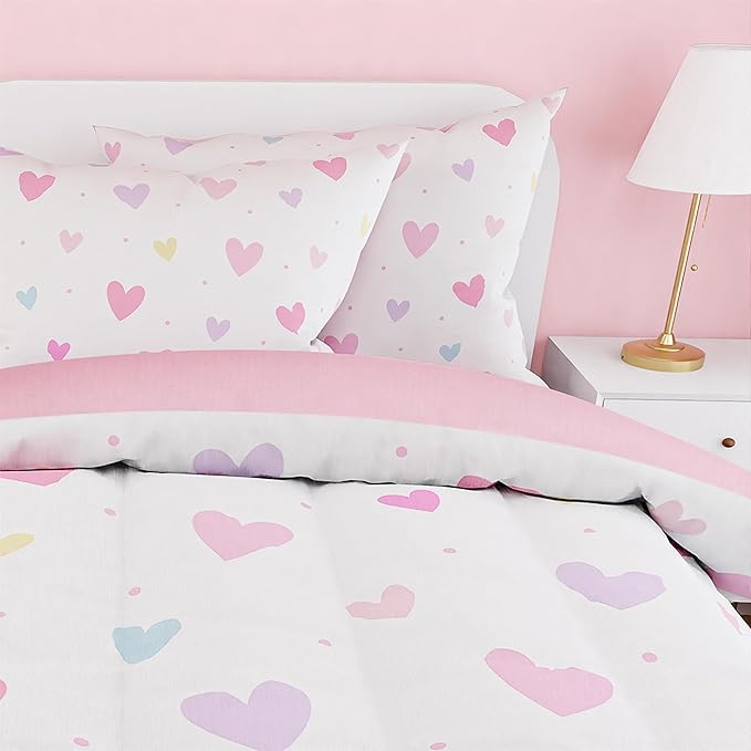 SANDJEST Heart Comforter Set Twin Size 68x86in for Kids Girls, Microfiber 3 Pcs Bedding Set Includes 1 Comforter, 1 Pillowcase, 1 Fitted Sheet, Nursery Room Decor