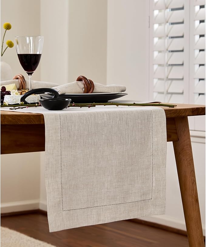 Solino Home Linen Light Natural Table Runner 36 Inches - Classic Hemstitch, 100% Pure Linen Coffee Table Runner 14 x 36 Inch Ideal for Dresser Tables - Christmas, New Year