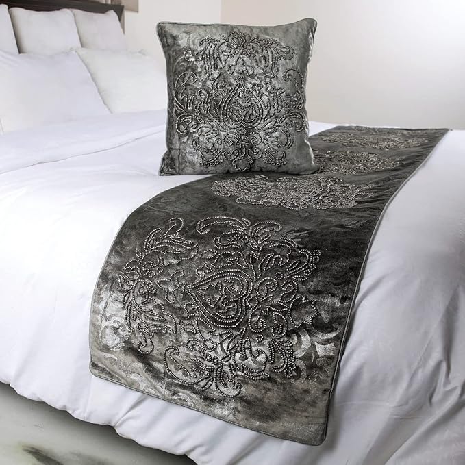 The HomeCentric Decorative Designer Handmade Bed Runner Without Pillow Cover, 53 x 18 Inch Damask Designer Twin Size Bed Scarf in Foil Velvet and Embroidery Bed Linen Foot Warmer Home - Foil Damask