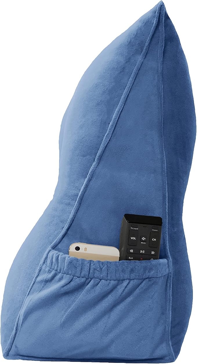 Triangular Reading Bed Rest Pillow Large Bolster Cushion Headboard Backrest Wedge Pillow with Removable Cover and Two Large Side Pockets (Steel Blue, 47 x 8 x 20 inches)