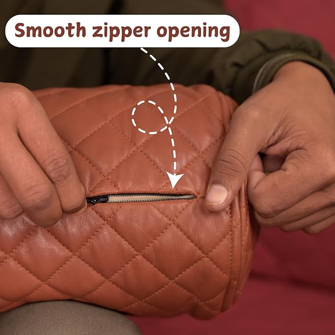 Neck Roll Pillow Cushion Cover, 14x5 Inch Full Moon Round Bolster Pillow Case, Cylinder Soft Lambskin Leather Pillowcase for Head, Spine & Neck Support During Sleep - Quilted Brown Pack of 2